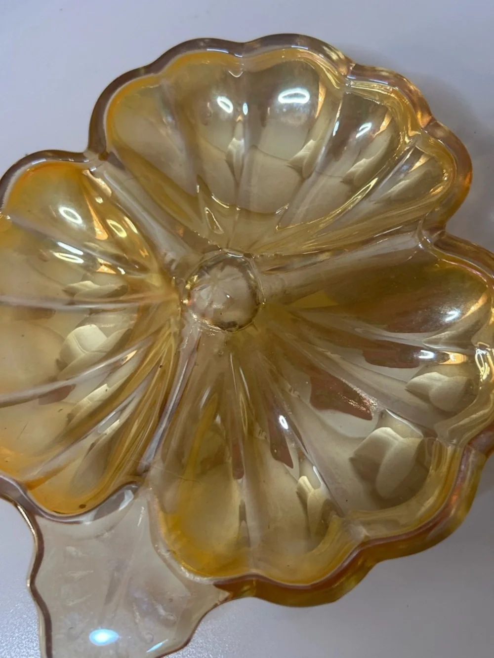 Vintage Marigold Carnival Glass Flower Dish: Iridescent Trinket Candy Dish - Picture 4 of 4